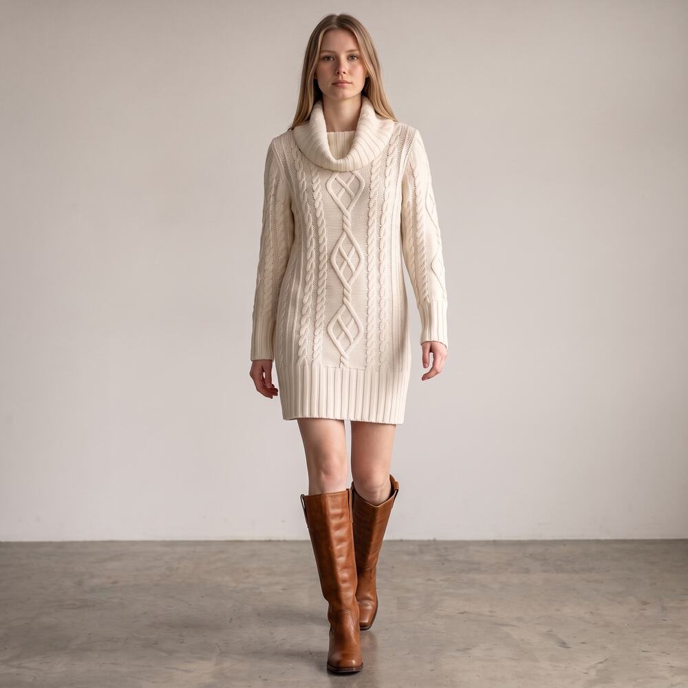 Neiman Marcus Cashmere Cowl Neck Cable Knit Sweater Dress Cream Luxury Medium